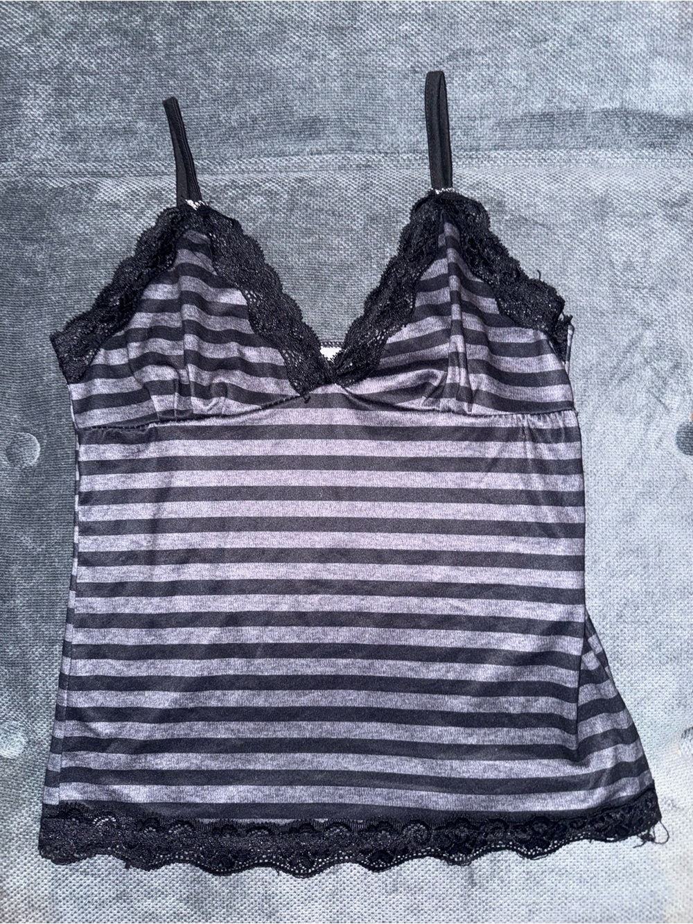 Striped Lace Trim Cami Tank Top - Black & Gray
